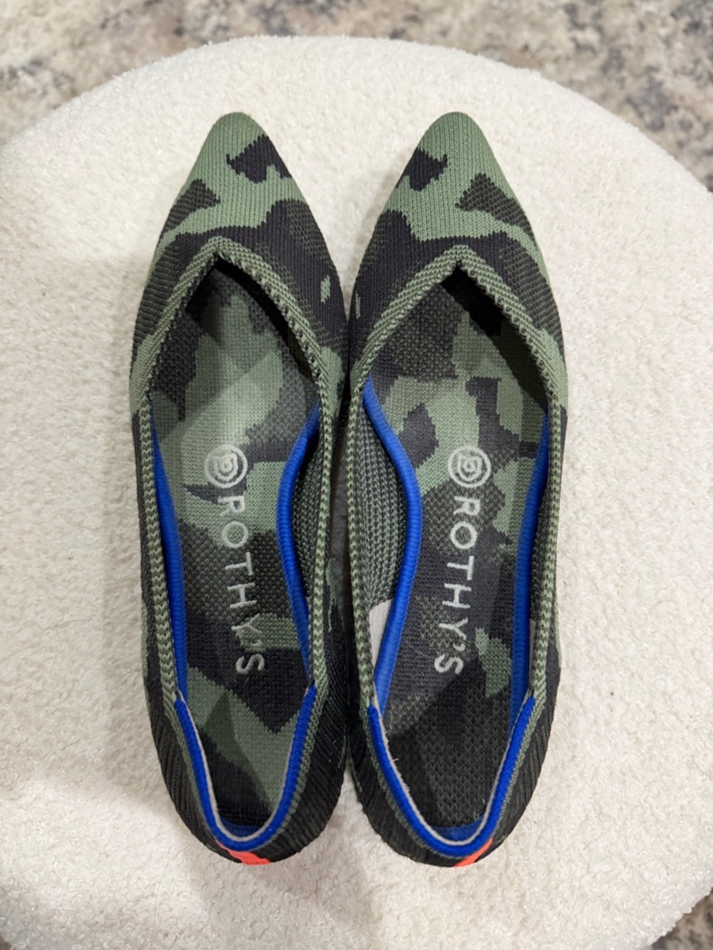 Rothy's Green and Black Camo Pointed Knit Flats with Blue Trim